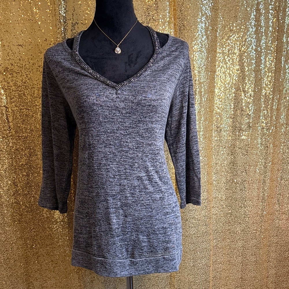 Juicy Couture Charcoal beaded V neck 3/4 sleeve Top